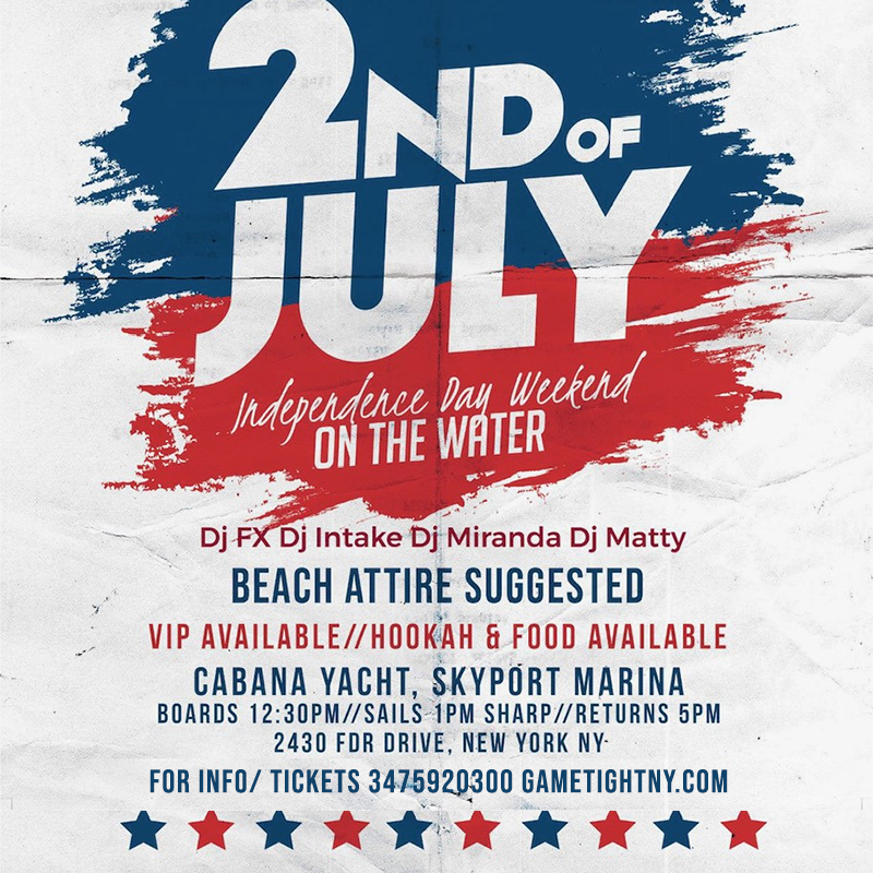 Sunday July 2nd Independence Day Weekend on the Water Cabana Yacht Cruise